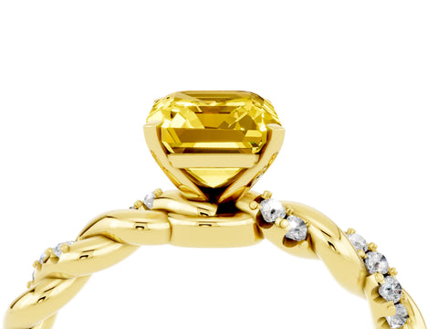 Yellow gold Emerald Cut Yellow Sapphire Solitaire Ring with Twisted Band and Pavé Accents_4