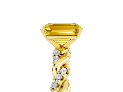 Yellow gold Emerald Cut Yellow Sapphire Solitaire Ring with Twisted Band and Pavé Accents_5
