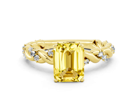 Yellow gold Emerald Cut Yellow Sapphire Solitaire Ring with Twisted Band and Pavé Accents