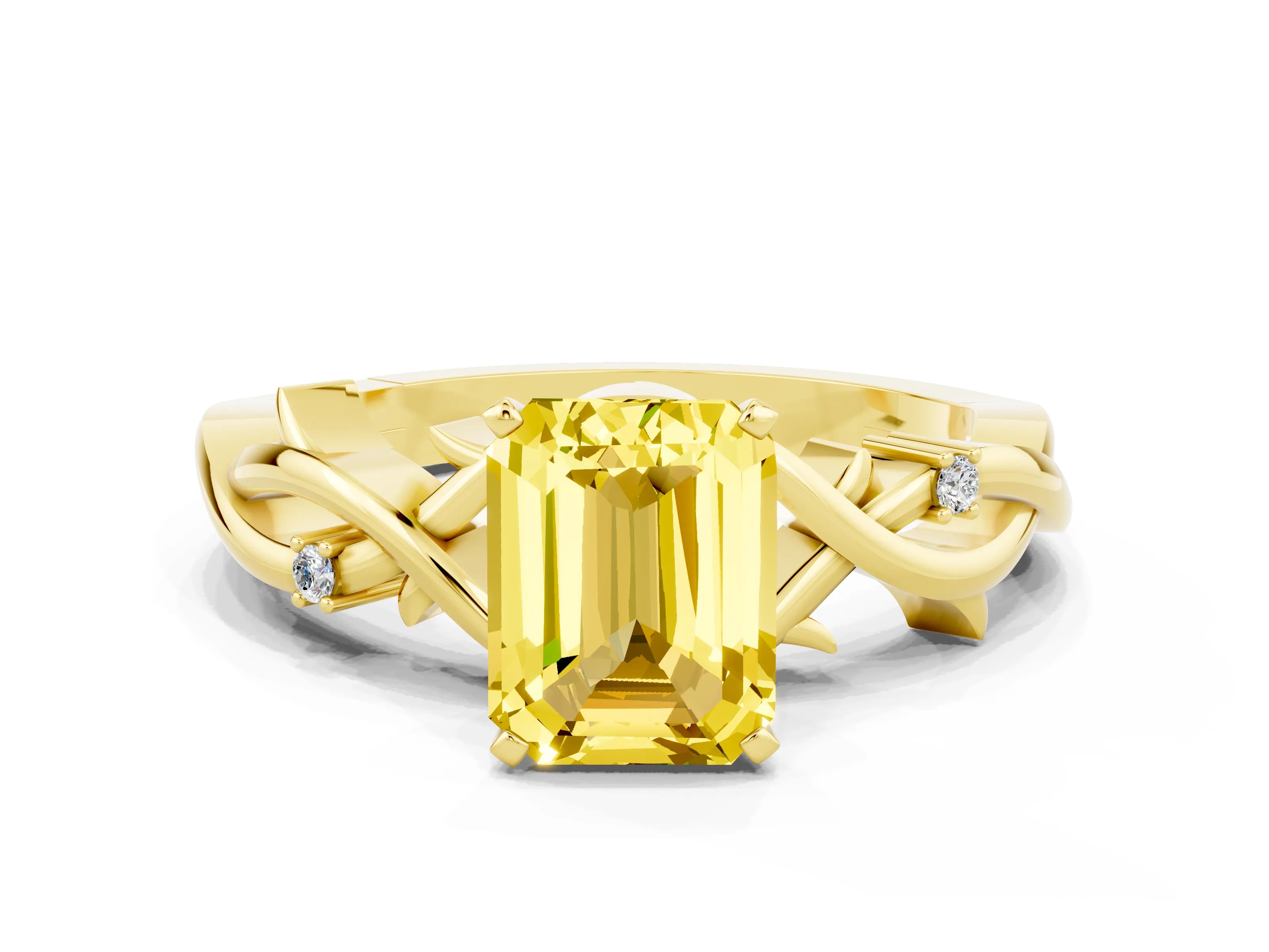 Yellow gold Emerald Cut Yellow Sapphire Solitaire Ring with Twisted Band and Prong Setting