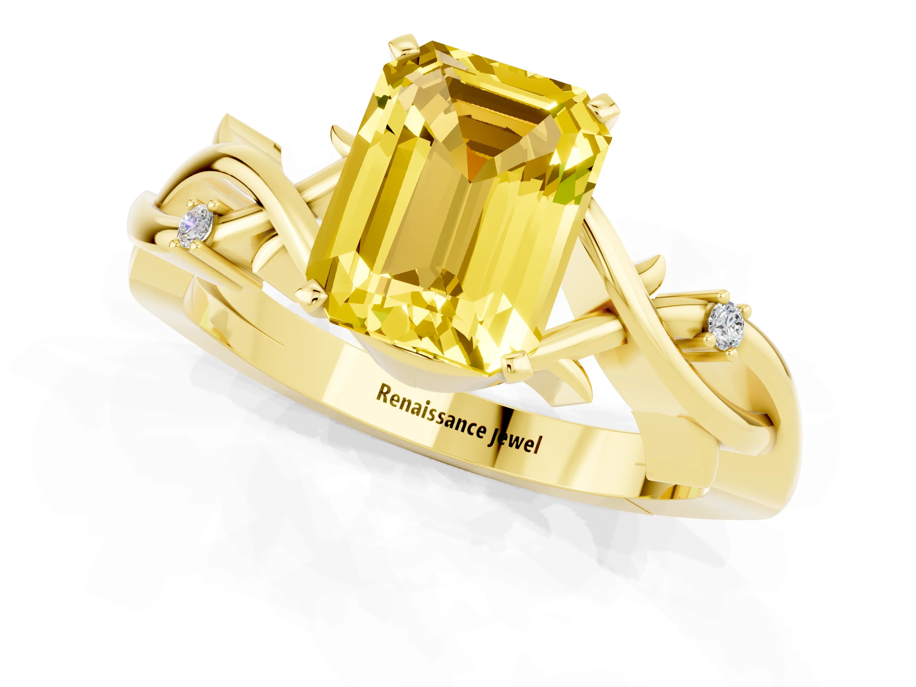 Yellow gold Emerald Cut Yellow Sapphire Solitaire Ring with Twisted Band and Prong Setting_1