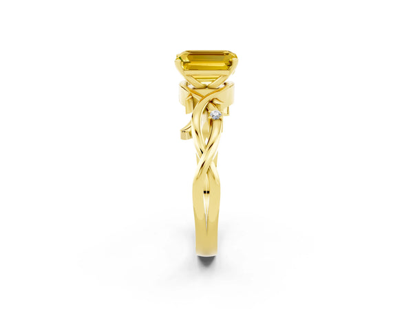 Yellow gold Emerald Cut Yellow Sapphire Solitaire Ring with Twisted Band and Prong Setting