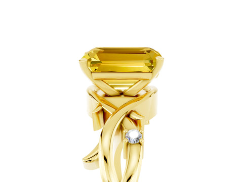 Yellow gold Emerald Cut Yellow Sapphire Solitaire Ring with Twisted Band and Prong Setting_5