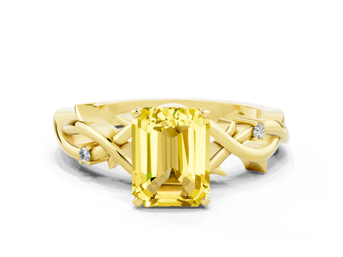 Yellow gold Emerald Cut Yellow Sapphire Solitaire Ring with Twisted Band and Prong Setting