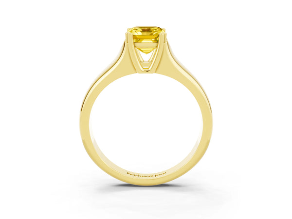 Yellow gold Emerald Cut Yellow Sapphire Solitaire Ring with Wide Band and Prong Setting