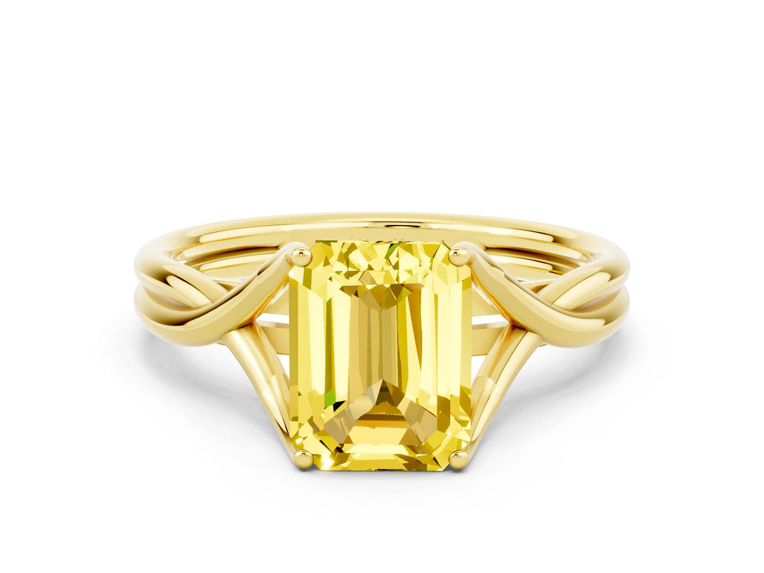 Yellow gold Emerald Cut Yellow Sapphire Solitaire Twist Band Prong Setting Ring_84