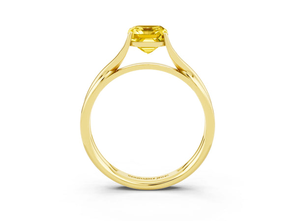 Yellow gold Emerald Cut Yellow Sapphire Solitaire Twist Band Prong Setting Ring