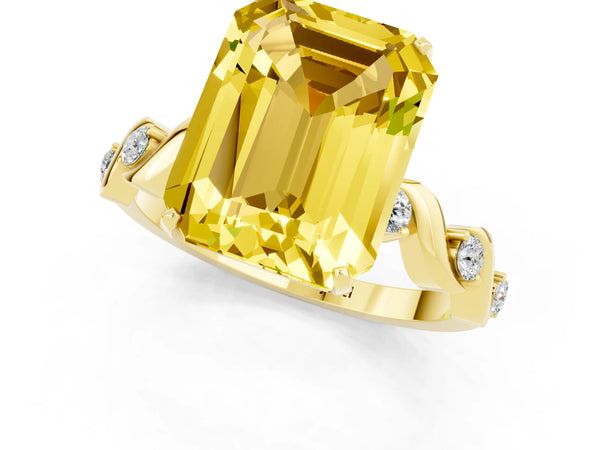 Yellow gold Emerald Cut Yellow Sapphire Solitaire Twisted Band with Round  Accents and Prong Setting
