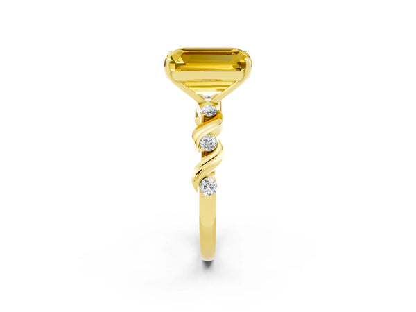 Yellow gold Emerald Cut Yellow Sapphire Solitaire Twisted Band with Round  Accents and Prong Setting