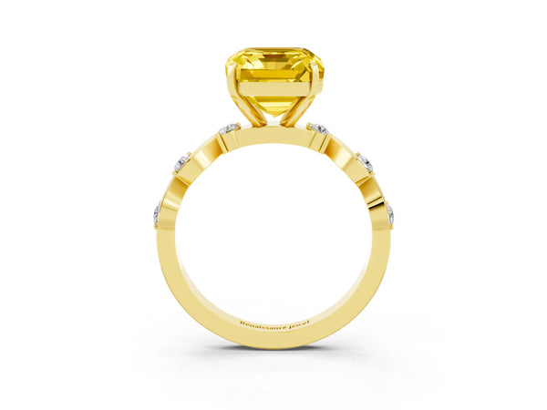Yellow gold Emerald Cut Yellow Sapphire Solitaire Twisted Band with Round  Accents and Prong Setting
