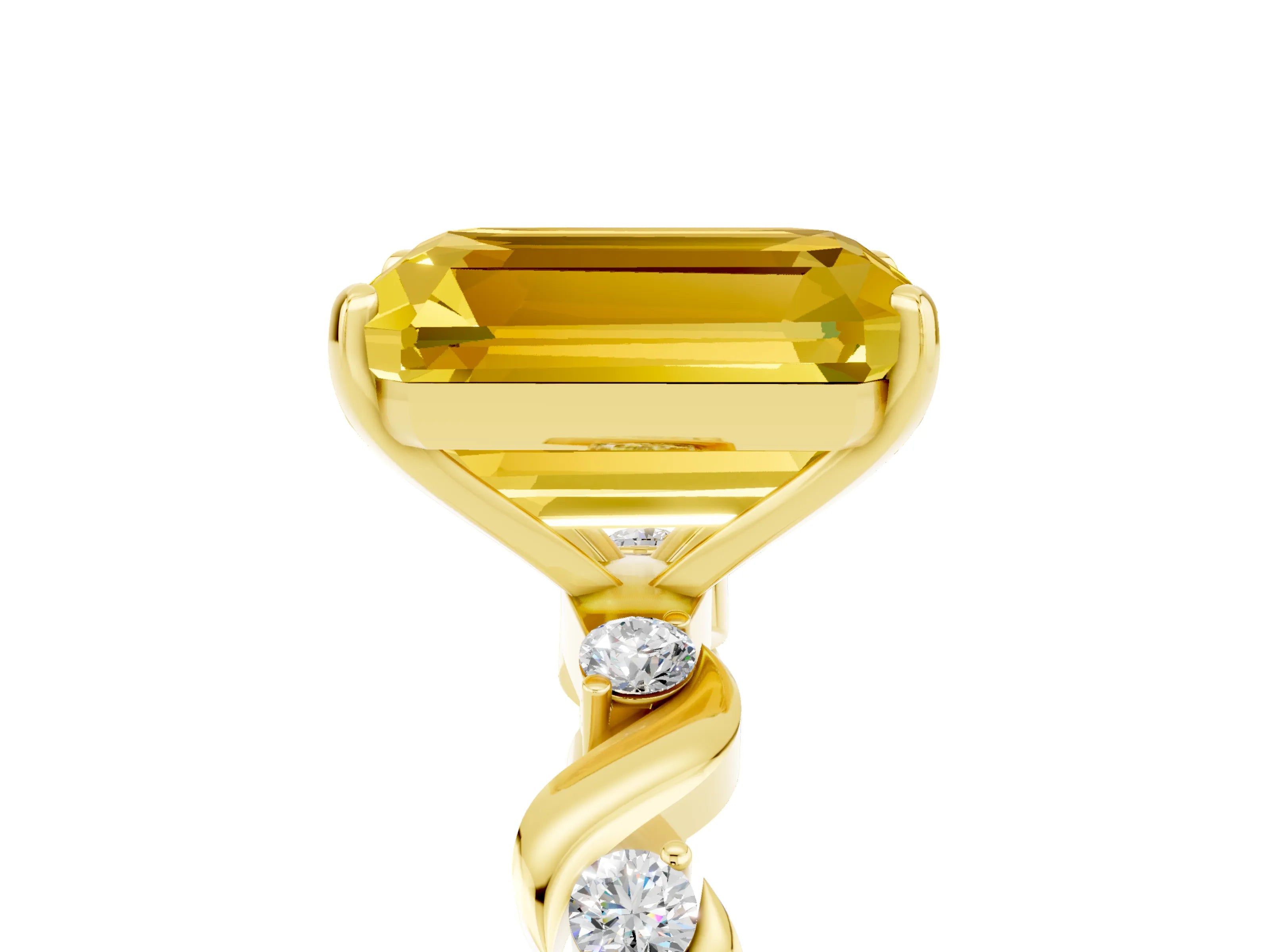 Yellow gold Emerald Cut Yellow Sapphire Solitaire Twisted Band with Round  Accents and Prong Setting_17