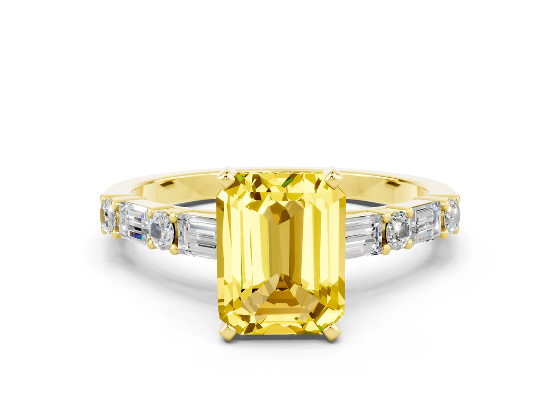 Yellow gold Emerald Cut Yellow Sapphire Solitaire with Side Baguettes and Channel Set Band_24