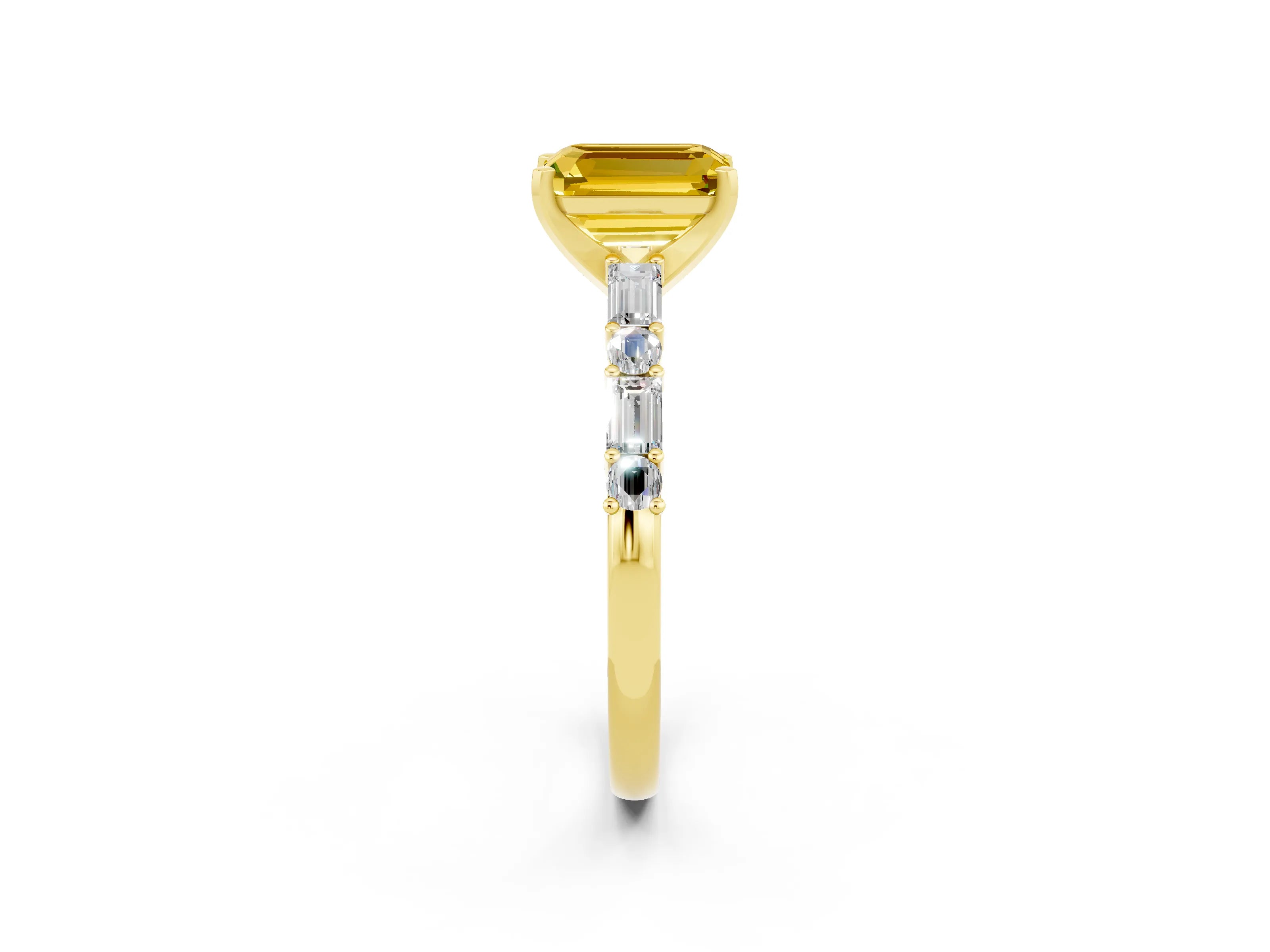 Yellow gold Emerald Cut Yellow Sapphire Solitaire with Side Baguettes and Channel Set Band_26