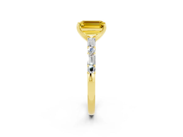 Yellow gold Emerald Cut Yellow Sapphire Solitaire with Side Baguettes and Channel Set Band