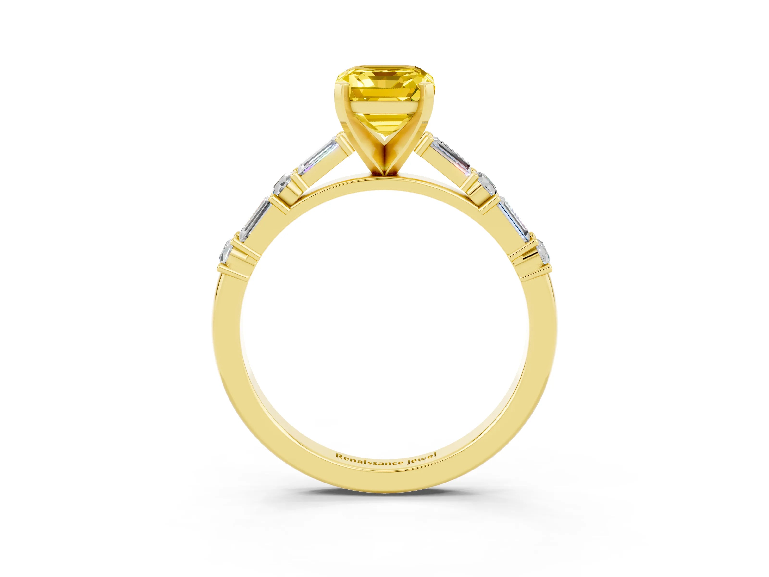 Yellow gold Emerald Cut Yellow Sapphire Solitaire with Side Baguettes and Channel Set Band_27