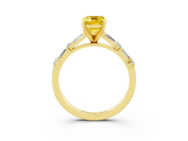 Yellow gold Emerald Cut Yellow Sapphire Solitaire with Side Baguettes and Channel Set Band