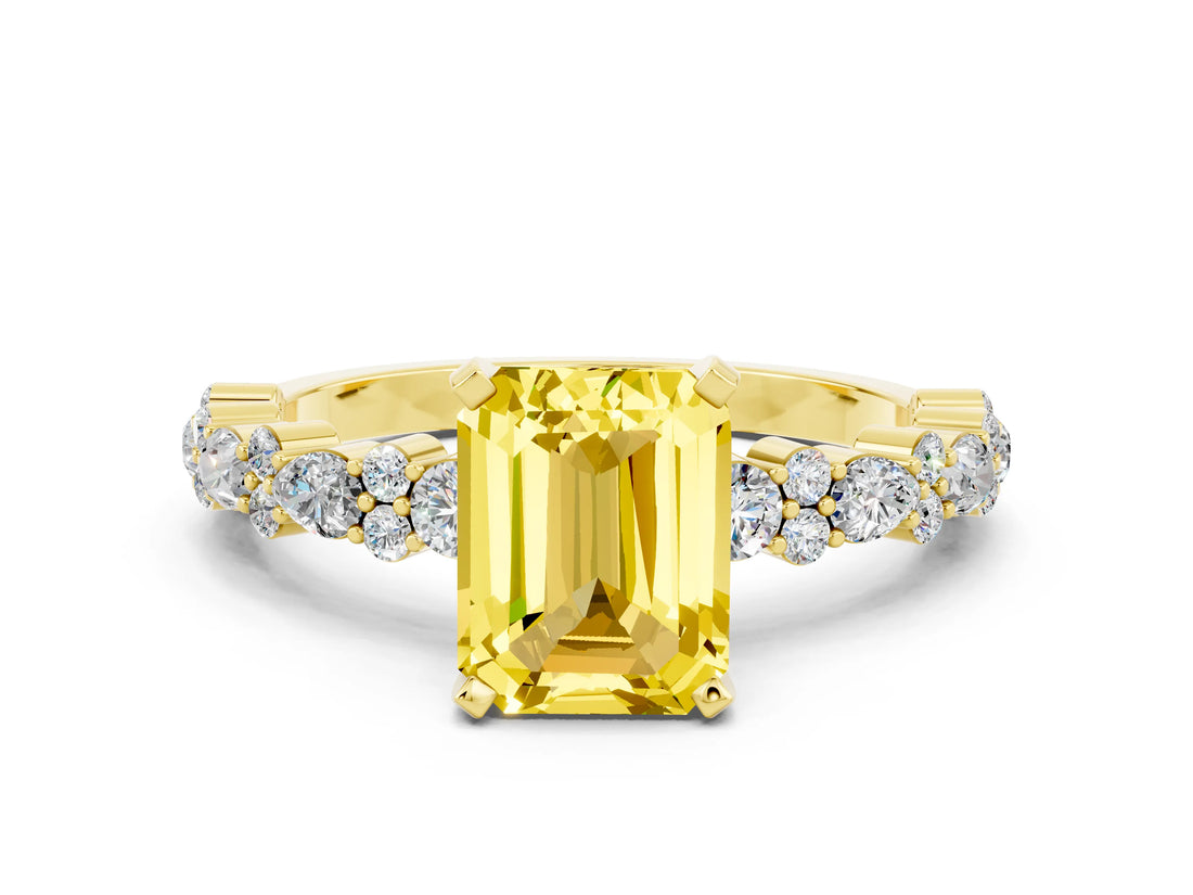 Yellow gold Emerald Cut Yellow Sapphire Solitaire with Side Stones, Pave Band, Four-Prong Setting_72