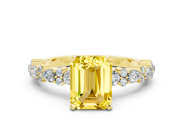 Yellow gold Emerald Cut Yellow Sapphire Side Stone Solitaire Ring with Round  and Four-Prong Setting