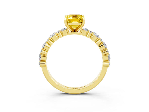 Yellow gold Emerald Cut Yellow Sapphire Side Stone Solitaire Ring with Round  and Four-Prong Setting