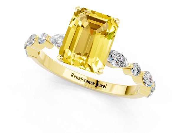 Yellow gold Emerald Cut Yellow Sapphire Ring with Marquise and Round  Side Stones and Four-Prong Setting