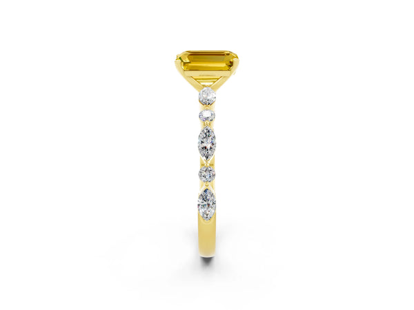 Yellow gold Emerald Cut Yellow Sapphire Ring with Marquise and Round  Side Stones and Four-Prong Setting