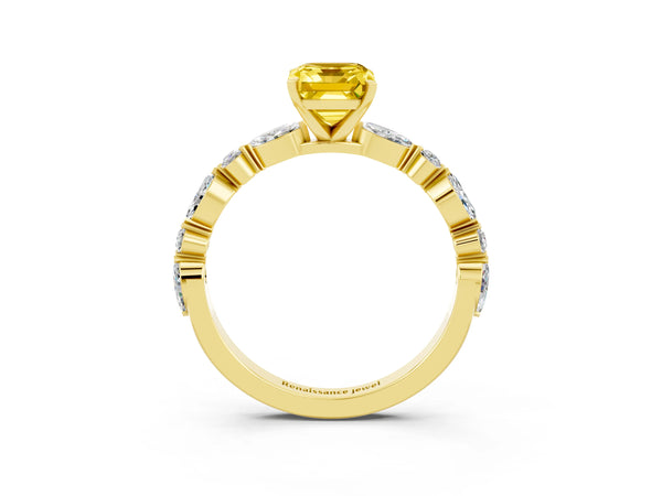 Yellow gold Emerald Cut Yellow Sapphire Ring with Marquise and Round  Side Stones and Four-Prong Setting
