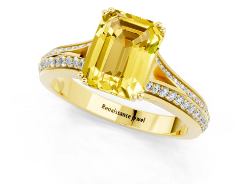 Yellow gold Emerald Cut Yellow Sapphire Split Shank Engagement Ring with Pavé Band_25