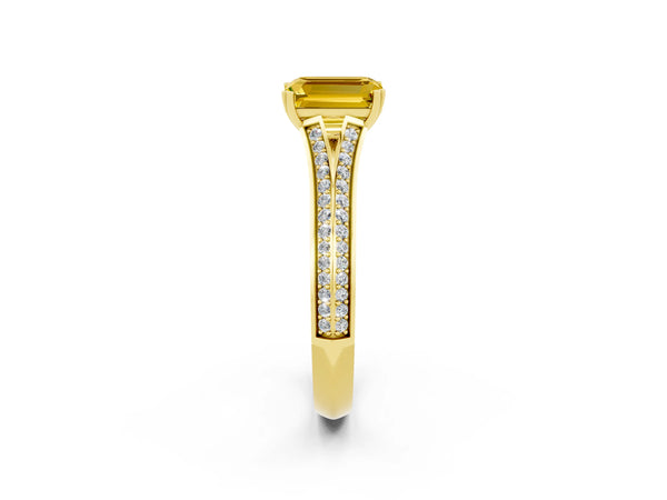 Yellow gold Emerald Cut Yellow Sapphire Split Shank Engagement Ring with Pavé Band