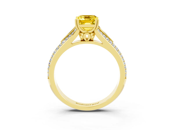 Yellow gold Emerald Cut Yellow Sapphire Split Shank Engagement Ring with Pavé Band