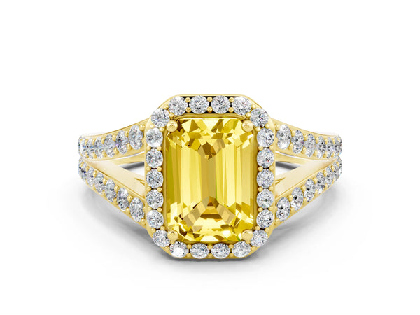 Yellow gold Emerald Cut Yellow Sapphire Split Shank Halo Ring with Four-Prong Setting