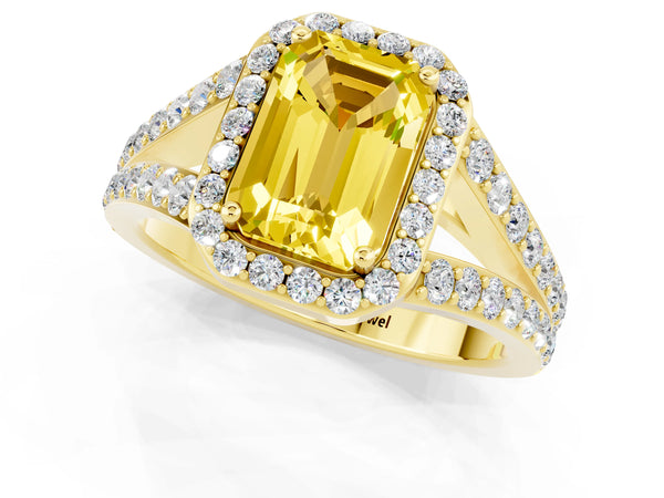Yellow gold Emerald Cut Yellow Sapphire Split Shank Halo Ring with Four-Prong Setting