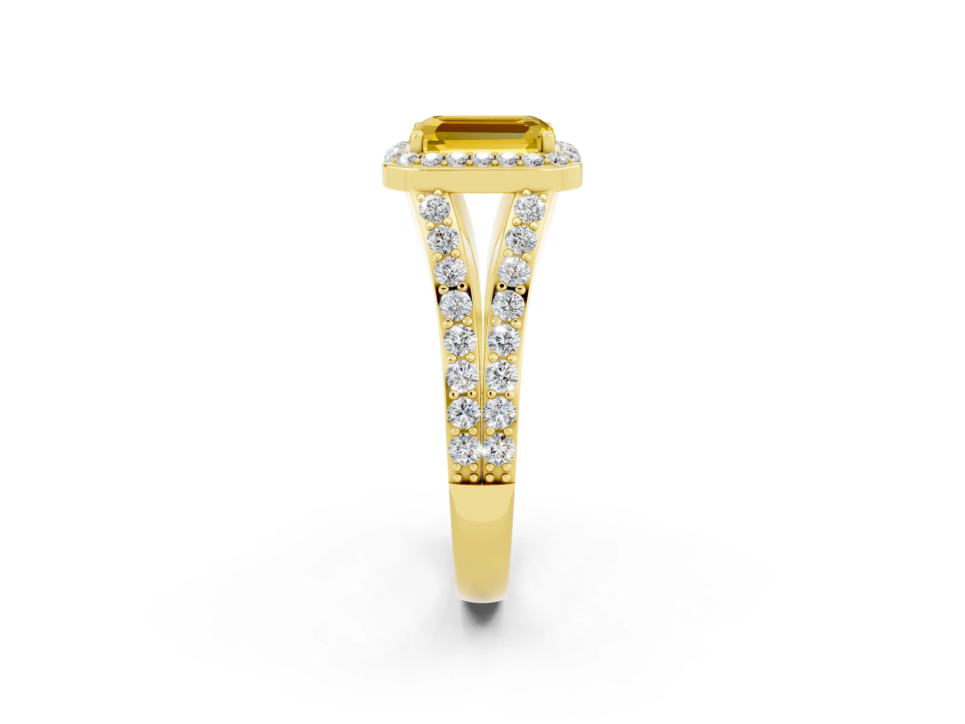 Yellow gold Emerald Cut Yellow Sapphire Split Shank Halo Ring with Four-Prong Setting_14