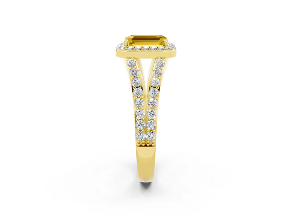 Yellow gold Emerald Cut Yellow Sapphire Split Shank Halo Ring with Four-Prong Setting