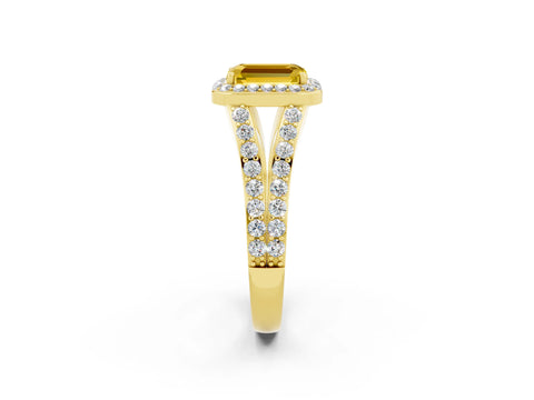 Yellow gold Emerald Cut Yellow Sapphire Split Shank Halo Ring with Four-Prong Setting_14