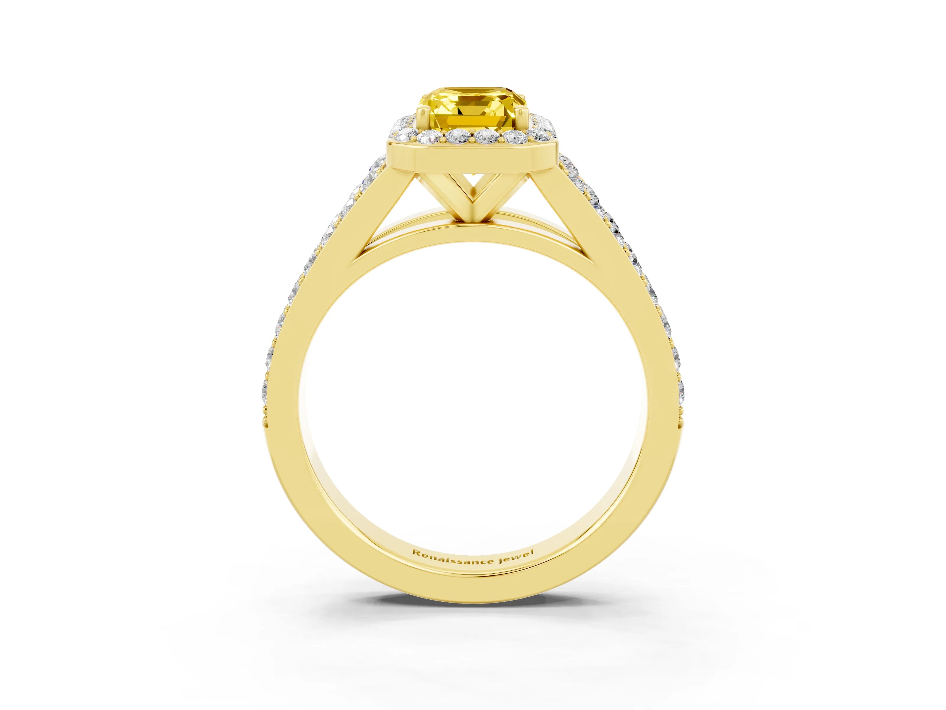 Yellow gold Emerald Cut Yellow Sapphire Split Shank Halo Ring with Four-Prong Setting_15
