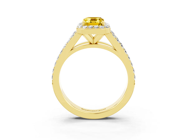 Yellow gold Emerald Cut Yellow Sapphire Split Shank Halo Ring with Four-Prong Setting