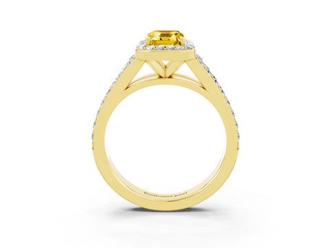 Yellow gold Emerald Cut Yellow Sapphire Split Shank Halo Ring with Four-Prong Setting_15