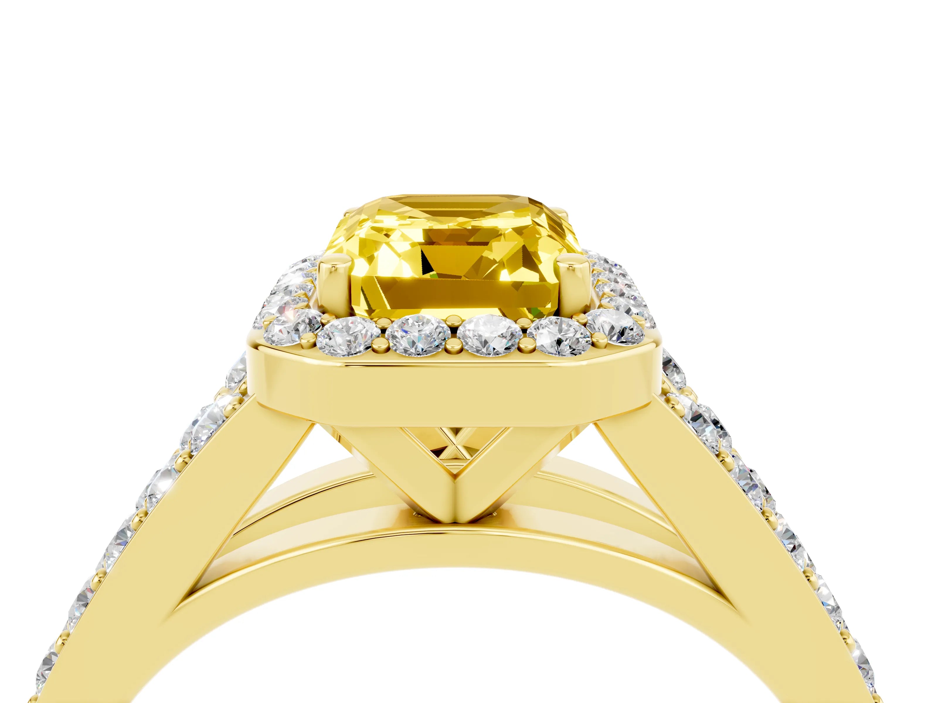 Yellow gold Emerald Cut Yellow Sapphire Split Shank Halo Ring with Four-Prong Setting_16