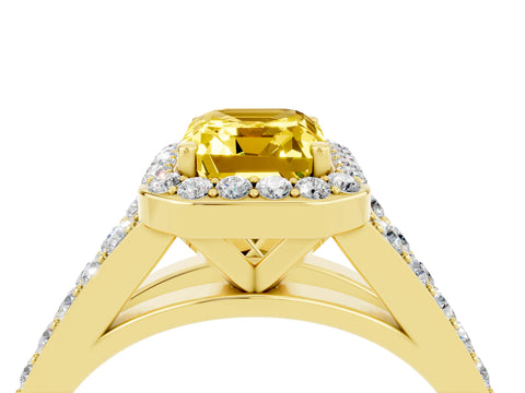 Yellow gold Emerald Cut Yellow Sapphire Split Shank Halo Ring with Four-Prong Setting_16