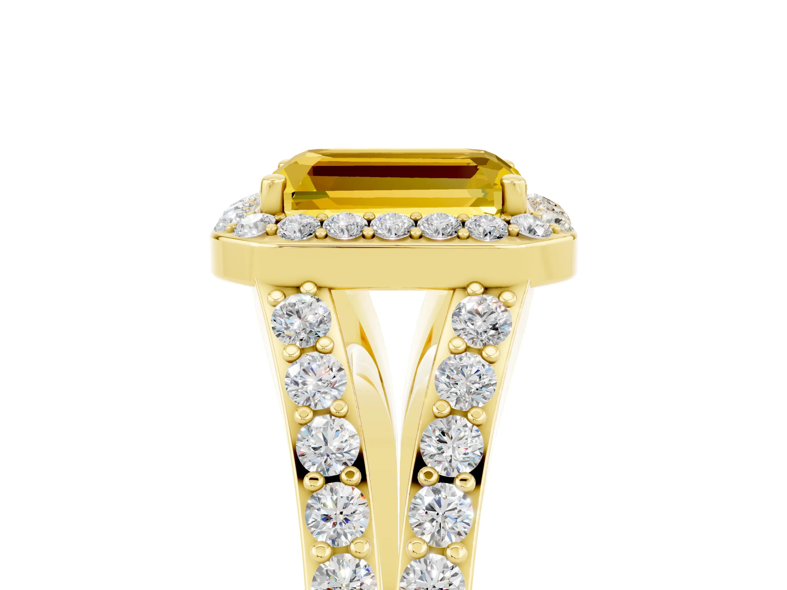 Yellow gold Emerald Cut Yellow Sapphire Split Shank Halo Ring with Four-Prong Setting_17