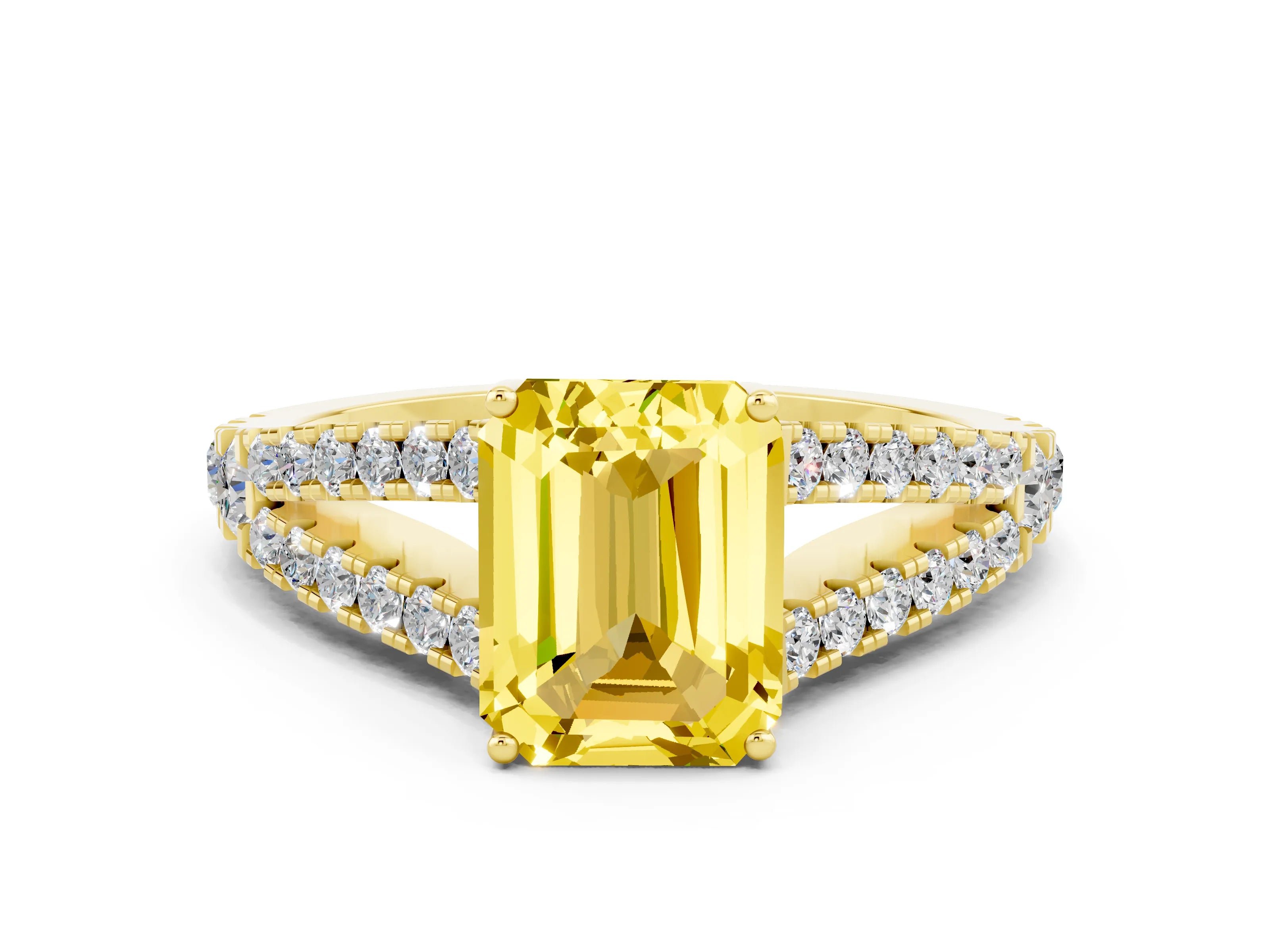 Yellow gold Emerald Cut Yellow Sapphire Split Shank Pavé Engagement Ring with Four-Prong Setting_12