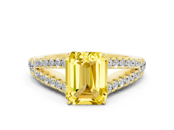 Yellow gold Emerald Cut Yellow Sapphire Split Shank Pavé Engagement Ring with Four-Prong Setting