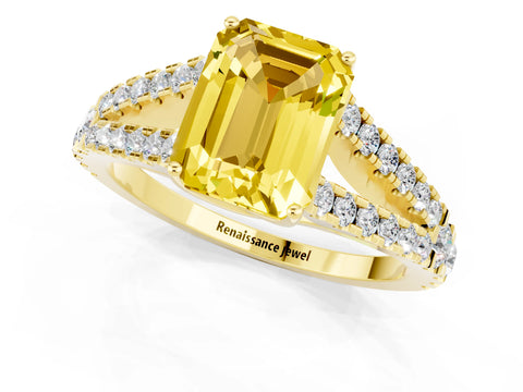 Yellow gold Emerald Cut Yellow Sapphire Split Shank Pavé Engagement Ring with Four-Prong Setting_13