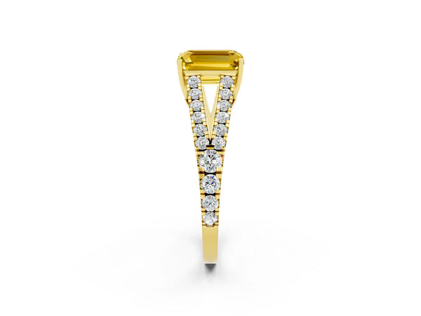 Yellow gold Emerald Cut Yellow Sapphire Split Shank Pavé Engagement Ring with Four-Prong Setting