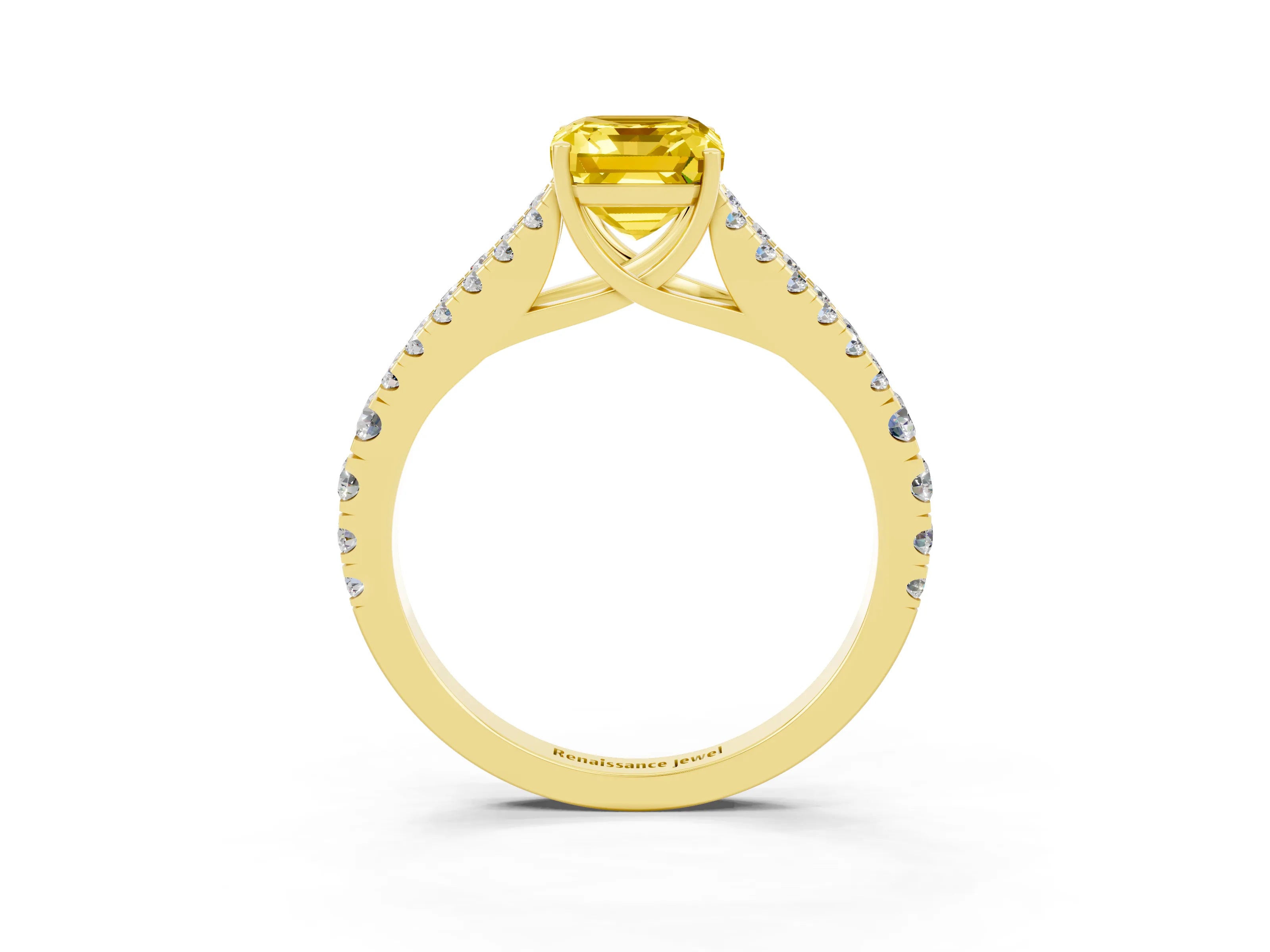 Yellow gold Emerald Cut Yellow Sapphire Split Shank Pavé Engagement Ring with Four-Prong Setting_15