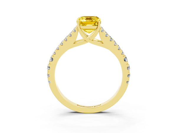 Yellow gold Emerald Cut Yellow Sapphire Split Shank Pavé Engagement Ring with Four-Prong Setting