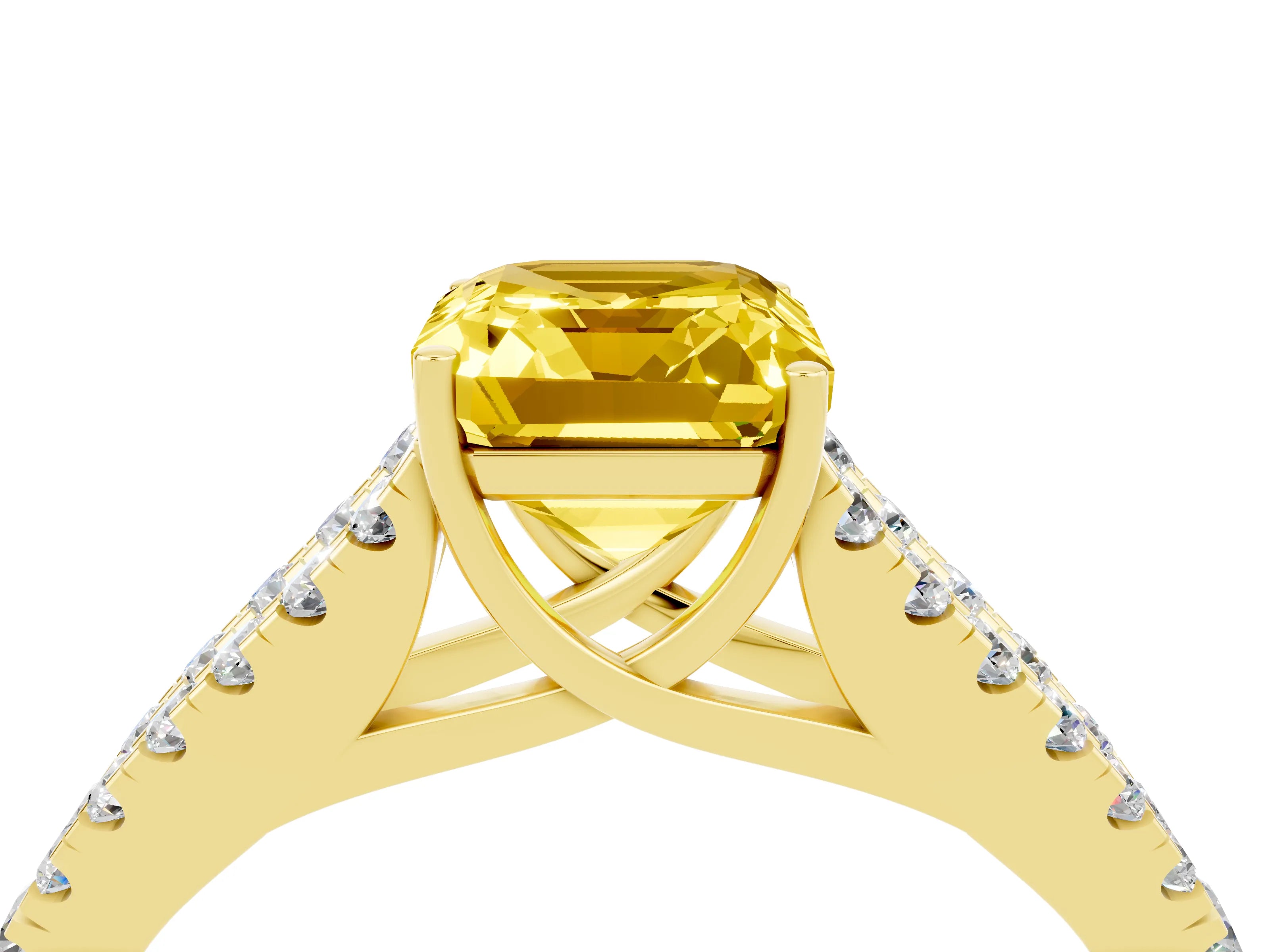 Yellow gold Emerald Cut Yellow Sapphire Split Shank Pavé Engagement Ring with Four-Prong Setting_16