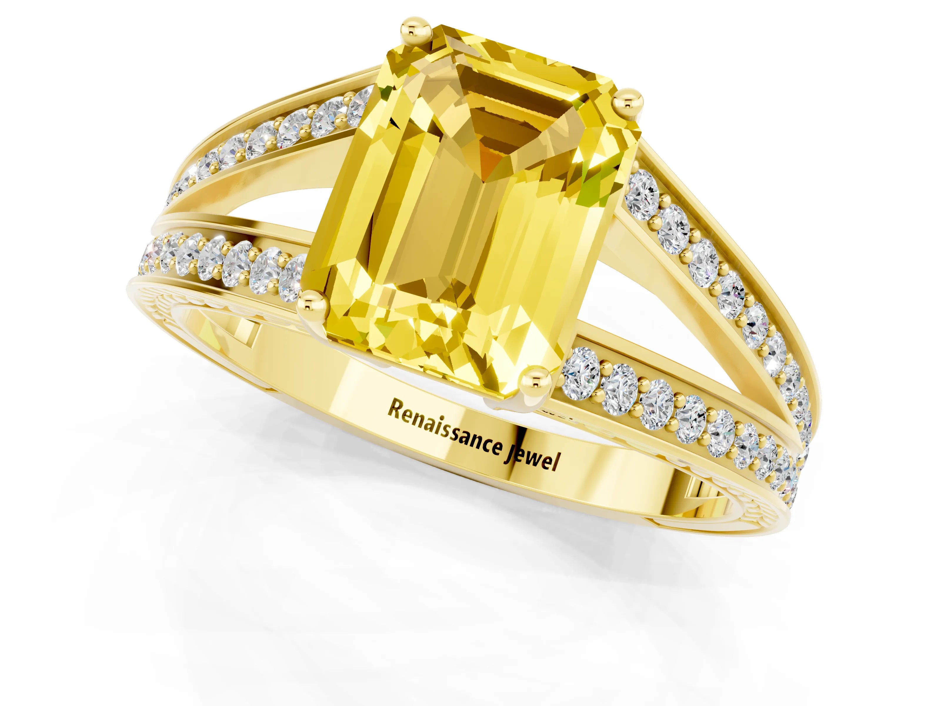 Yellow gold Emerald Cut Yellow Sapphire Split Shank Ring with Pavé Band and Four-Prong Setting_1