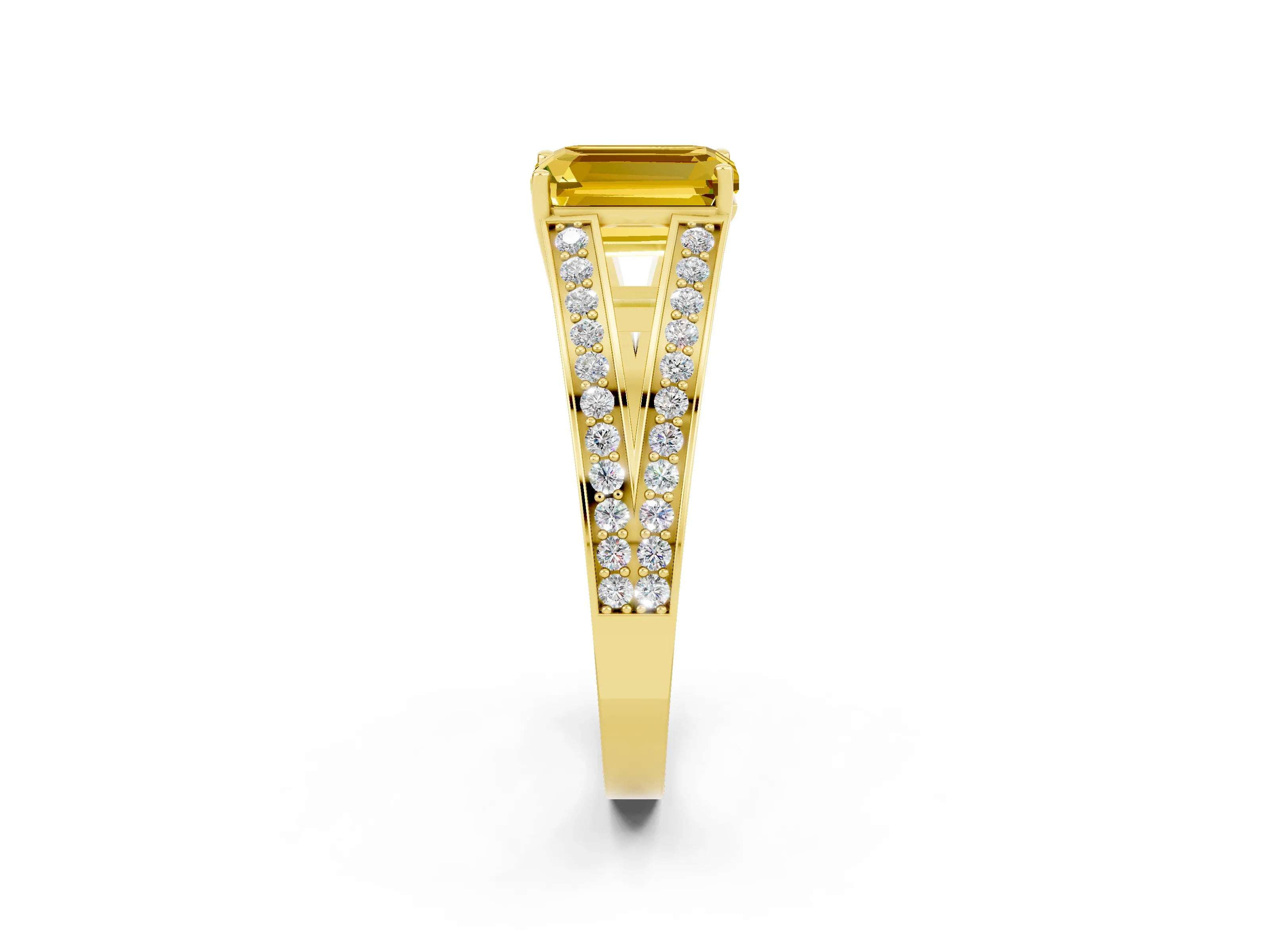 Yellow gold Emerald Cut Yellow Sapphire Split Shank Ring with Pavé Band and Four-Prong Setting_2