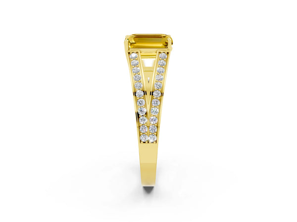Yellow gold Emerald Cut Yellow Sapphire Split Shank Ring with Pavé Band and Four-Prong Setting